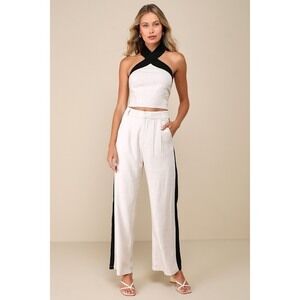 Lulus Exceedingly Cool Beige Color Block Linen Straight Leg Pants - Size L